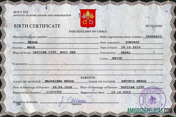 Em branco modelo PSD de certidão de nascimento de registro vital da Santa Sé